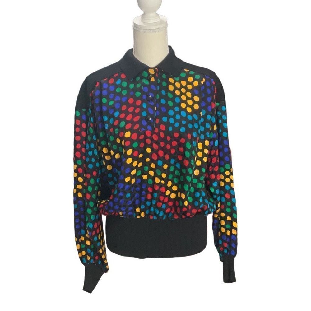 Adrianna Papell Vtg Silk Collared Long Sleeve Blouse Sweater hem Polka Dot Sz 14 - Picture 1 of 6